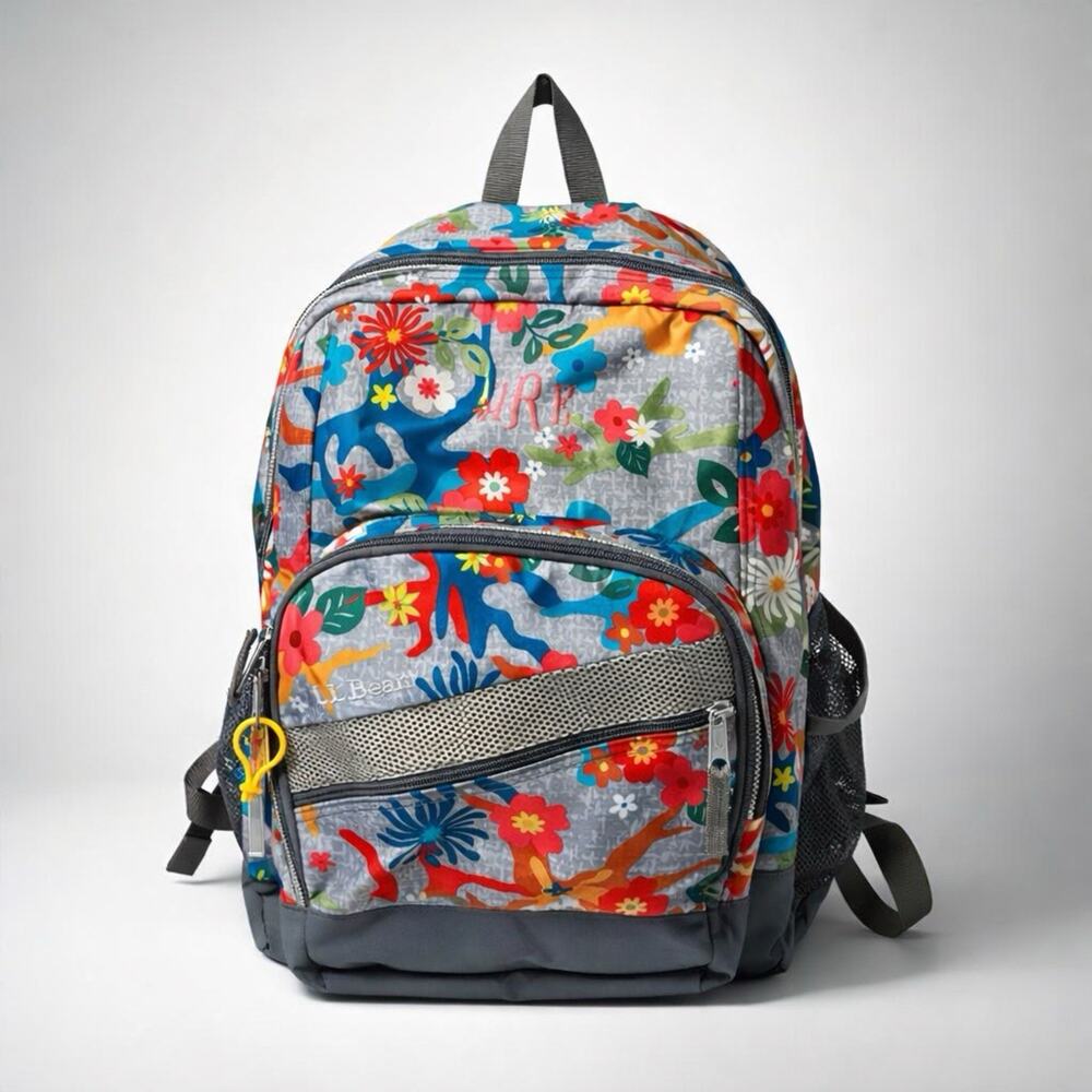 LL Bean Deluxe Book Pack Backpack Gray Floral Kid School Travel Camping Hike Bag